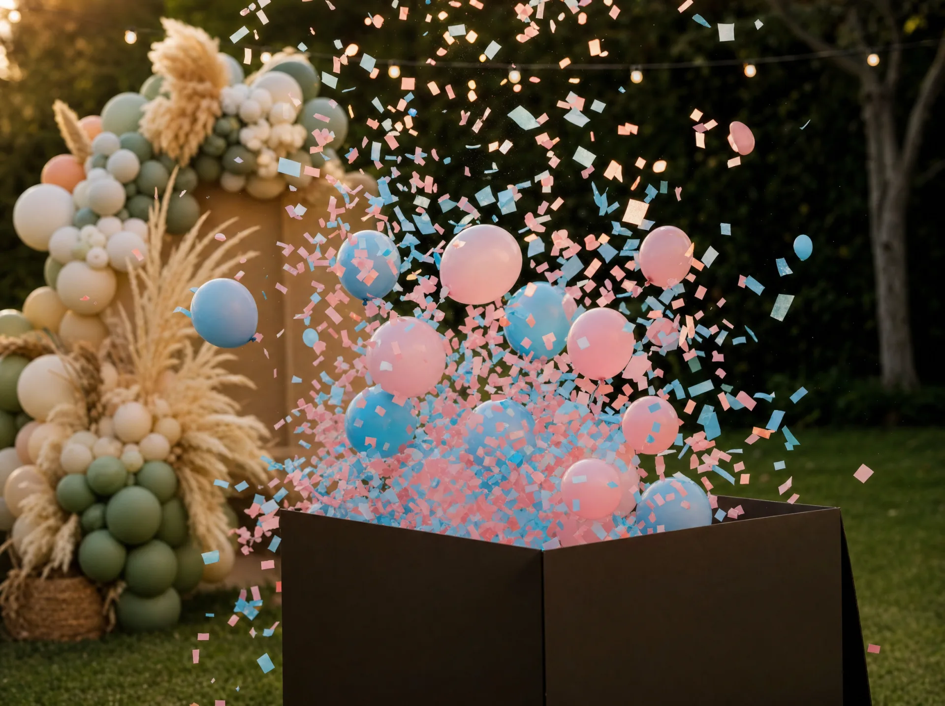 Ballonbox mit Konfetti in Rosa und Hellblau im Moment der Enthüllung